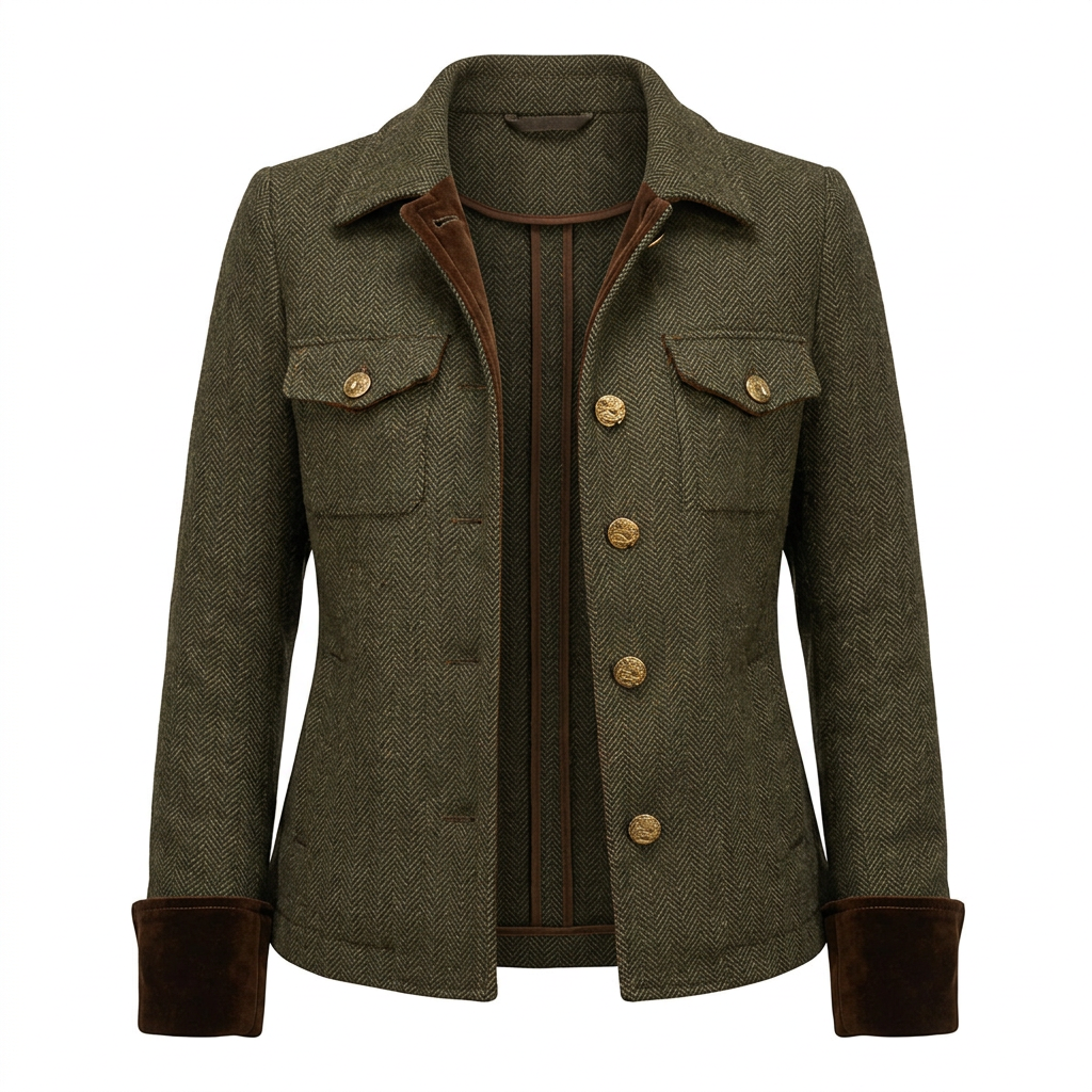 Tweed Jacke Damen grün mit Fischgrätmuster – Ansicht 1