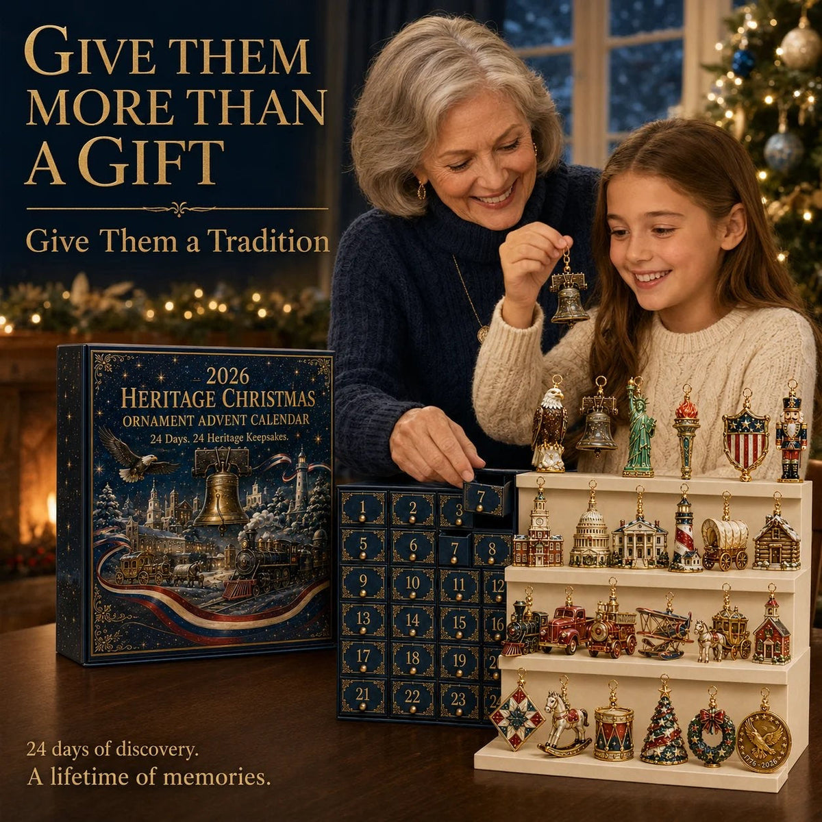 America-250-Adventskalender 2026 - 24 amerikanische Erbe-Weihnachtsornamente