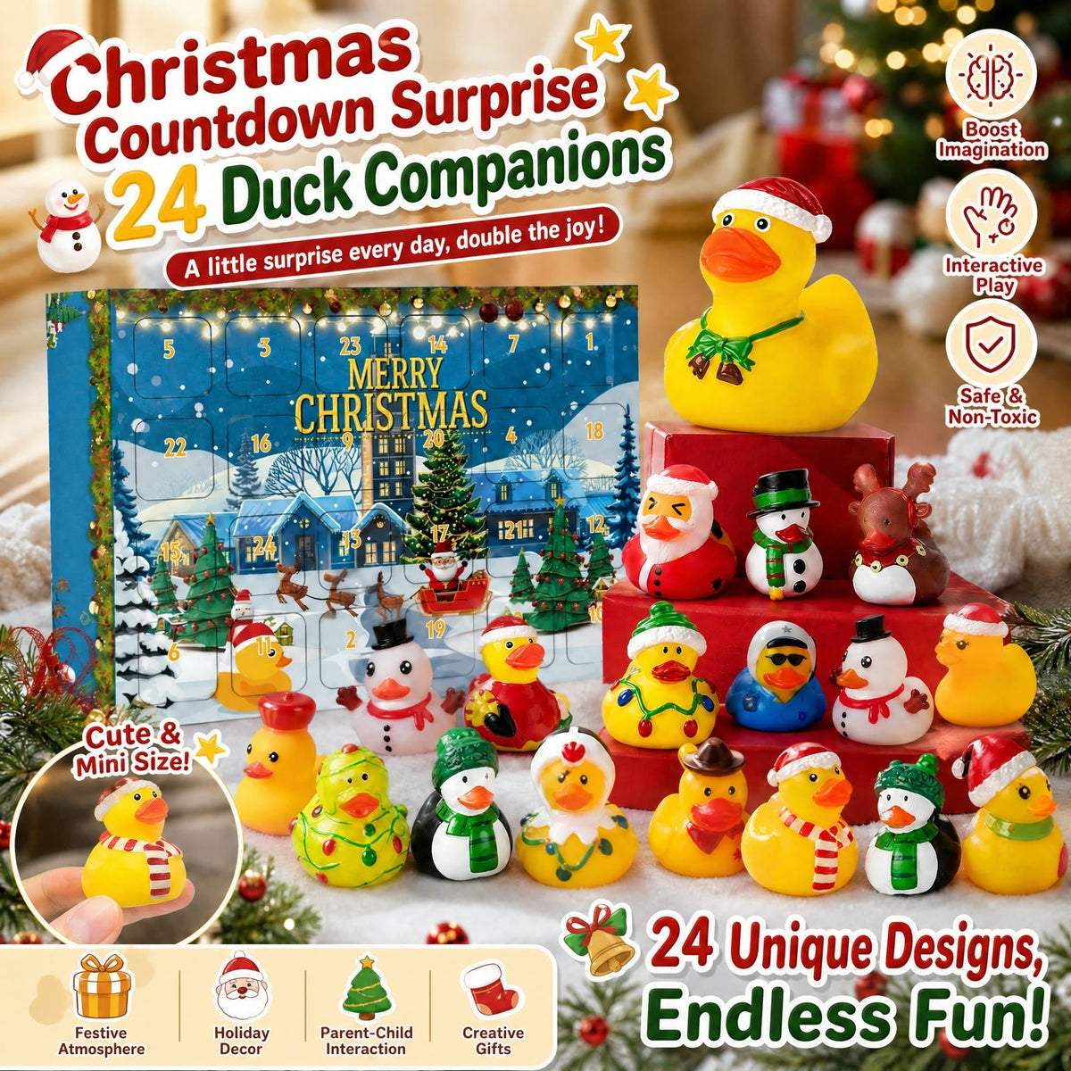 Badeenten Adventskalender 2026 - 24 Weihnachts-Badeentchen, Gelb oder Rosa