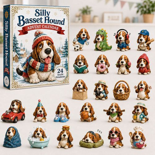 Basset Hound Adventskalender 2026 - 24 Acryl-Basset-Anhänger