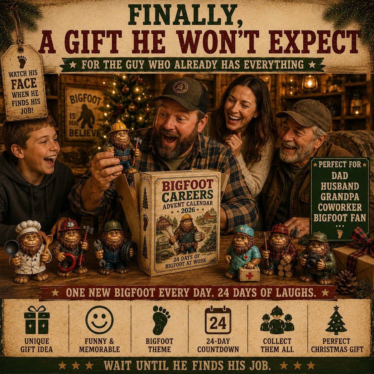 Bigfoot-Berufe-Adventskalender 2026 - 24 Tage Bigfoot bei der Arbeit