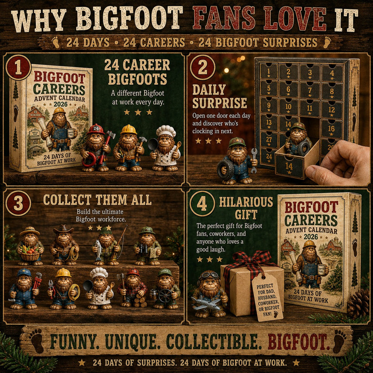 Bigfoot-Berufe-Adventskalender 2026 - 24 Tage Bigfoot bei der Arbeit