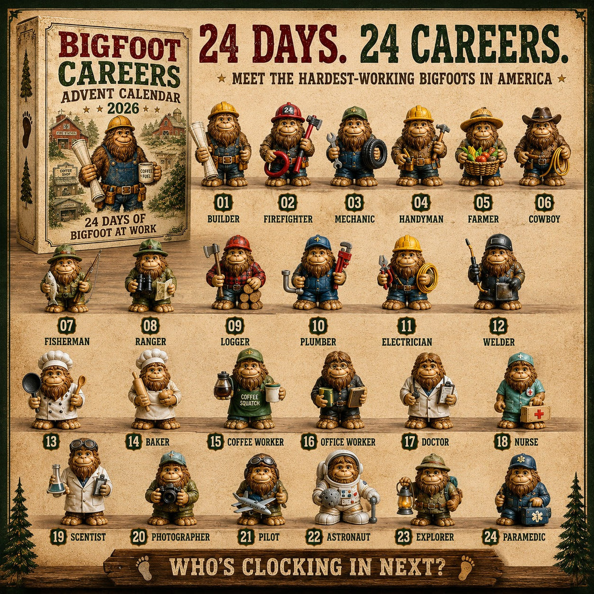Bigfoot-Berufe-Adventskalender 2026 - 24 Tage Bigfoot bei der Arbeit