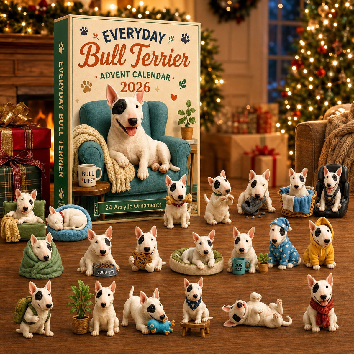 Bullterrier-Adventskalender 2026 - 24 Acryl-Bullterrier-Ornamente