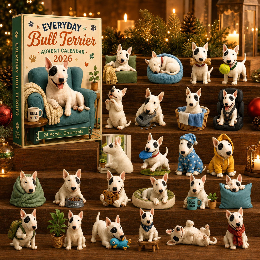 Bullterrier-Adventskalender 2026 - 24 Acryl-Bullterrier-Ornamente