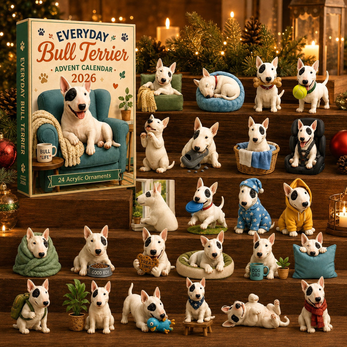 Bullterrier-Adventskalender 2026 - 24 Acryl-Bullterrier-Ornamente