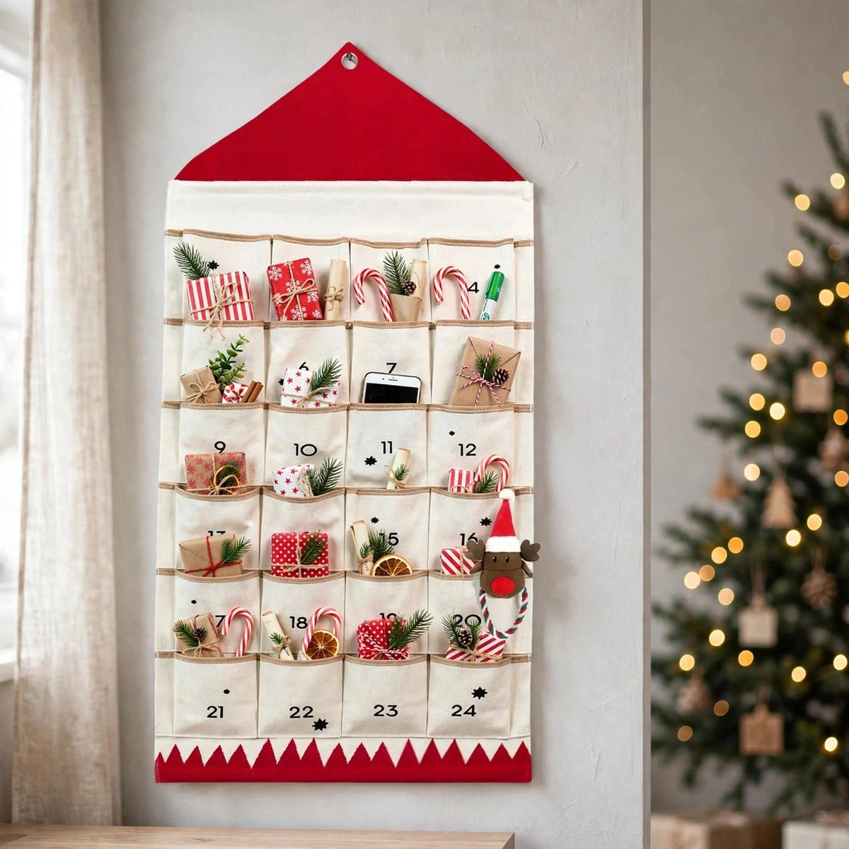 Canvas-Häuschen-Adventskalender - Wiederverwendbarer Hängekalender mit 24 Fächern