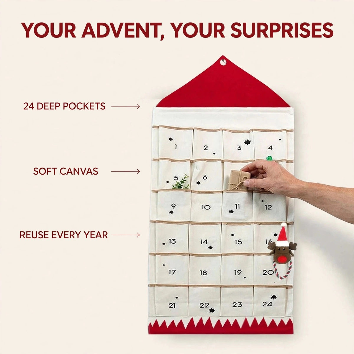 Canvas-Häuschen-Adventskalender - Wiederverwendbarer Hängekalender mit 24 Fächern