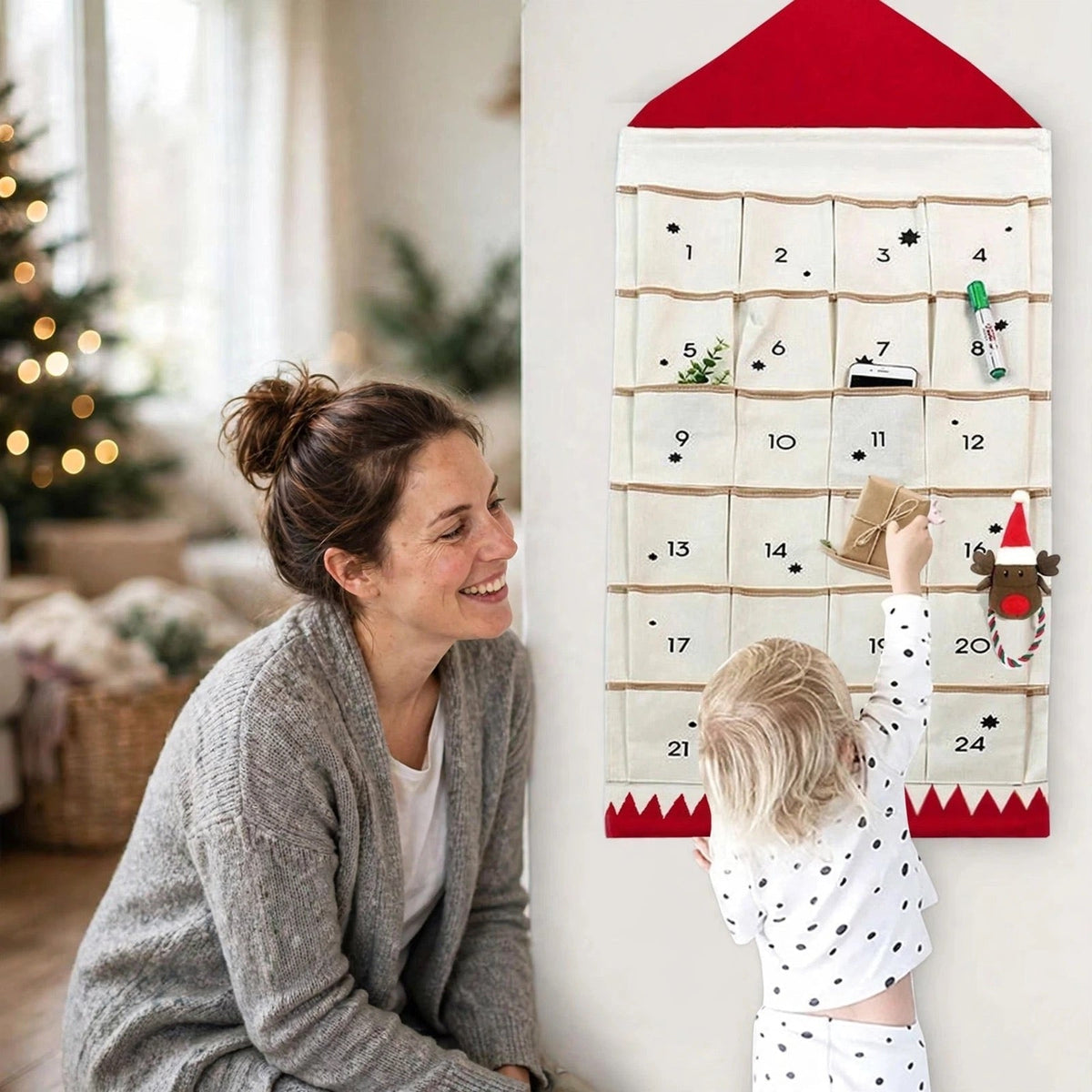 Canvas-Häuschen-Adventskalender - Wiederverwendbarer Hängekalender mit 24 Fächern