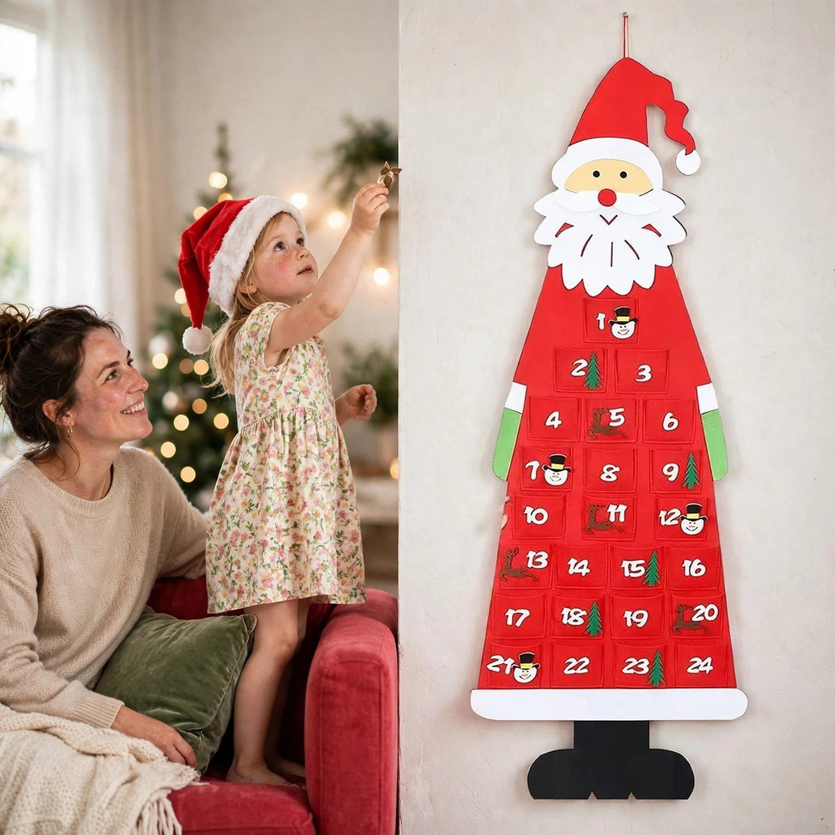 Filz-Weihnachtsmann-Adventskalender - Wiederverwendbarer Hängekalender mit 24 Fächern