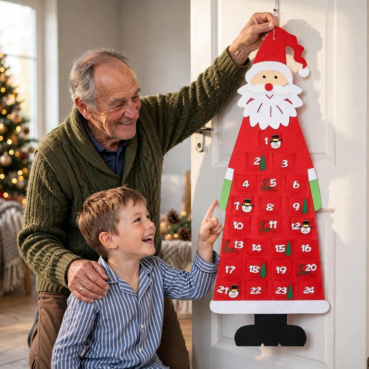 Filz-Weihnachtsmann-Adventskalender - Wiederverwendbarer Hängekalender mit 24 Fächern