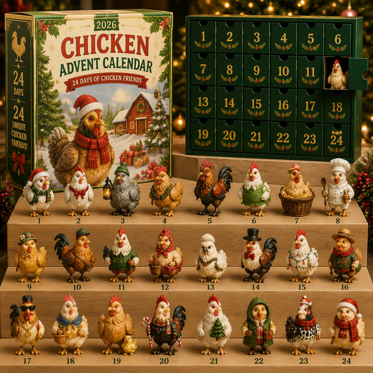 Hühner Adventskalender 2026 – 24 Weihnachtshühner-Figuren