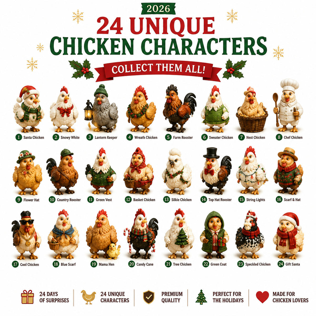 Hühner Adventskalender 2026 – 24 Weihnachtshühner-Figuren
