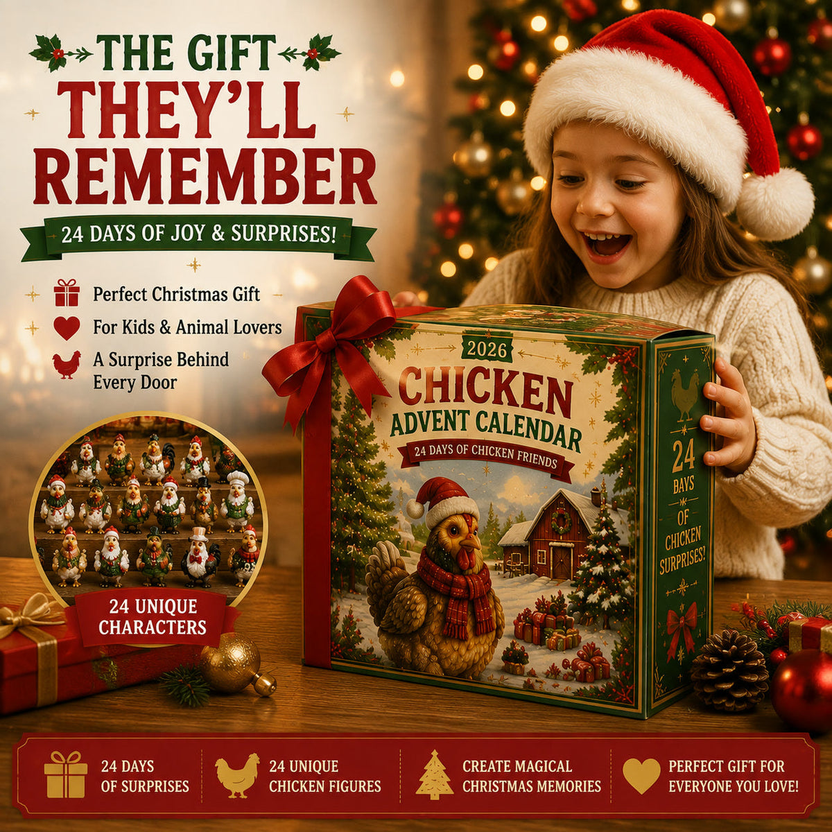 Hühner Adventskalender 2026 – 24 Weihnachtshühner-Figuren