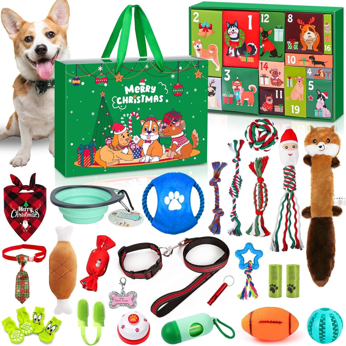 Hunde Adventskalender 2026 - 24 Spielzeuge, Halsband, Leine und Leckerli-Beutel