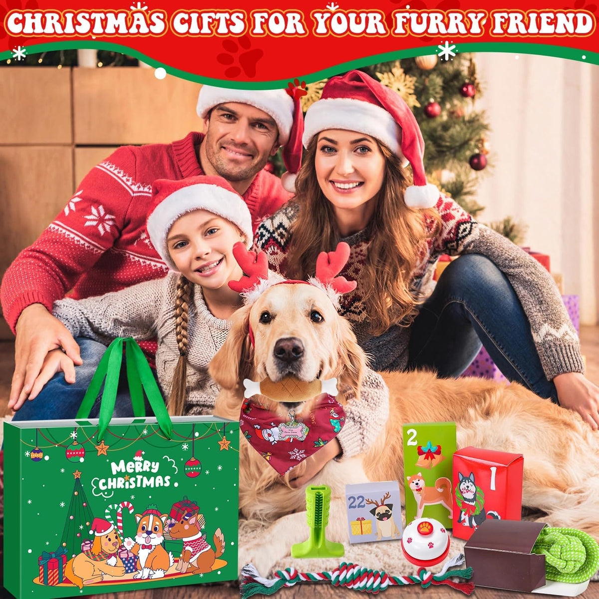 Hunde Adventskalender 2026 - 24 Spielzeuge, Halsband, Leine und Leckerli-Beutel