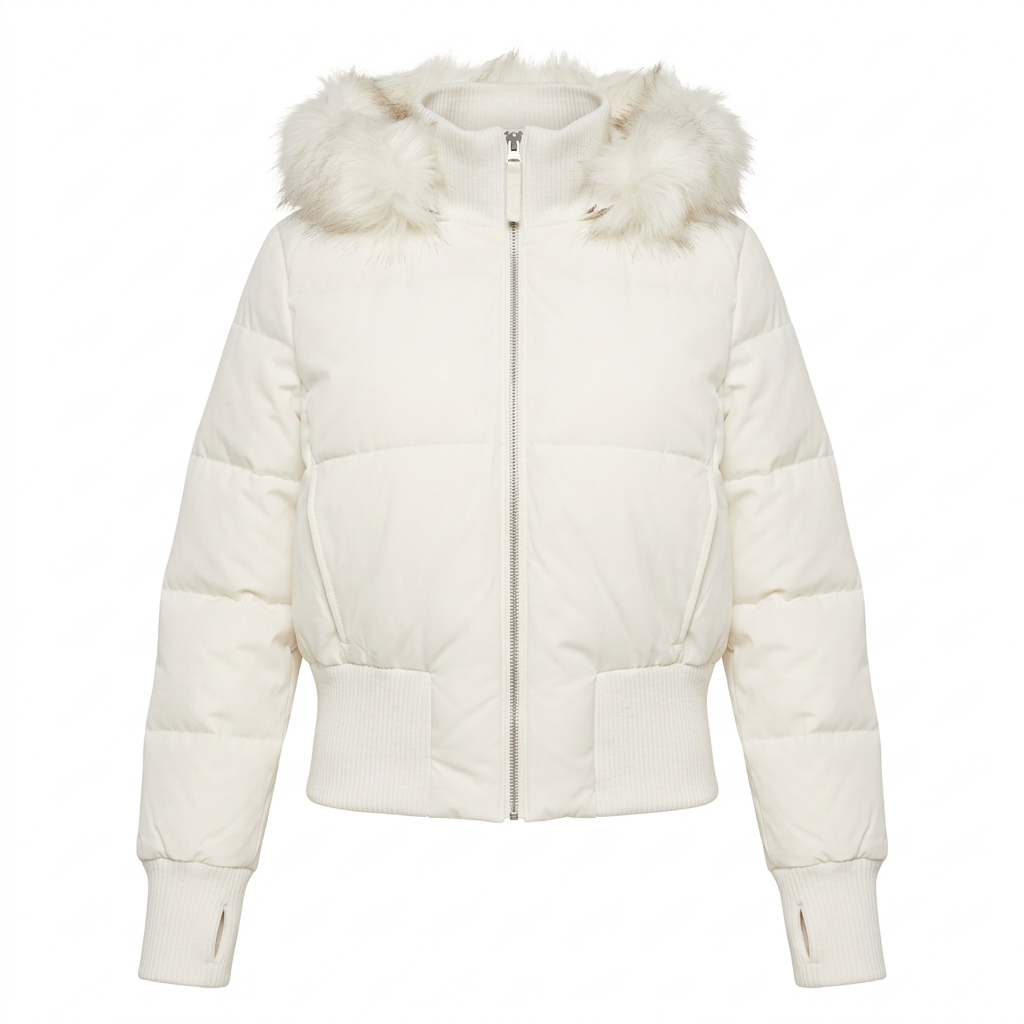 Kurze Pufferjacke Damen mit Kunstfell Kapuze – Ansicht 1