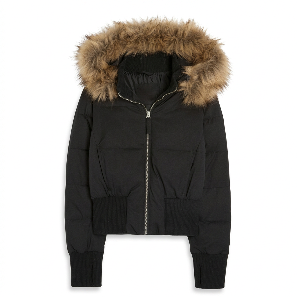 Kurze Pufferjacke Damen mit Kunstfell Kapuze – Ansicht 12