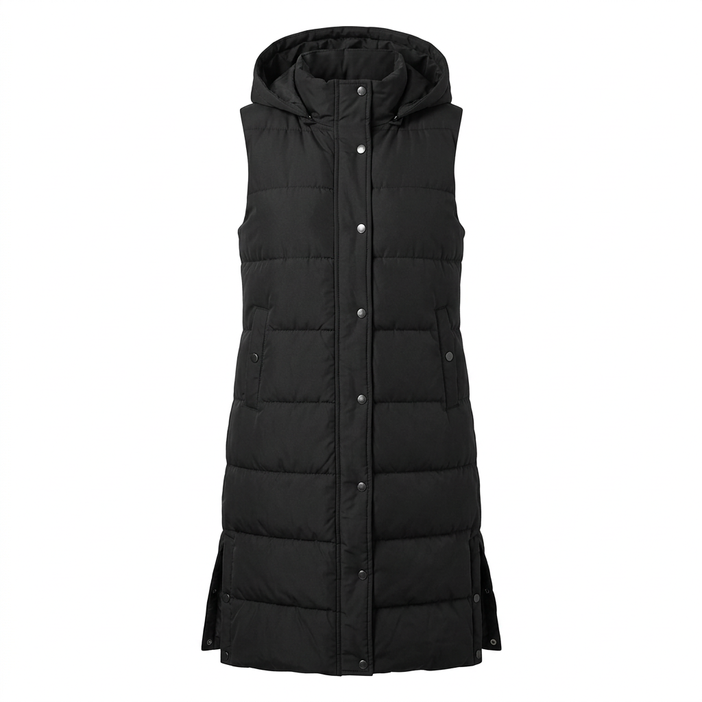 Langes Steppgilet Damen mit Kapuze – Ansicht 1