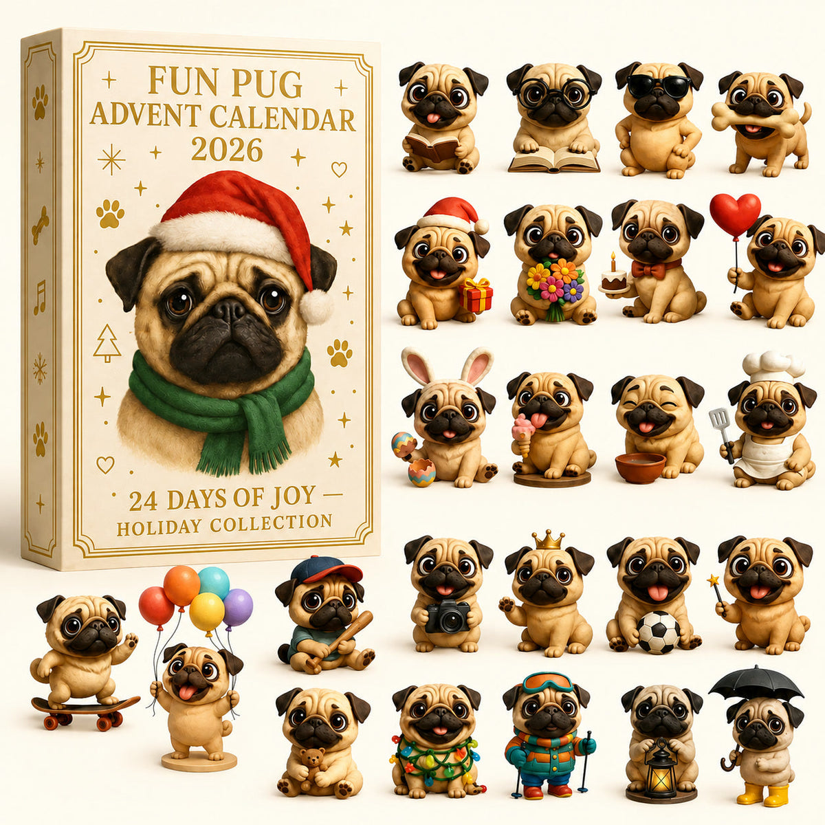 Mops-Adventskalender 2026 – 24 Mopsfiguren