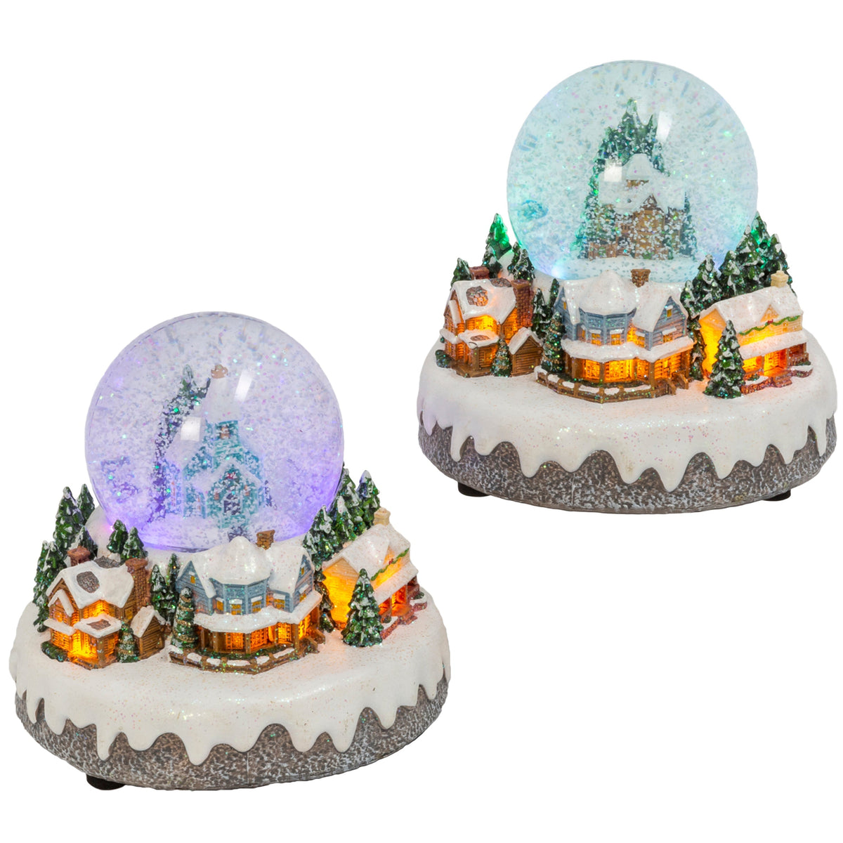 Musikalische Schneekugeln mit Beleuchtung - Set mit 2 Weihnachtsdörfchen