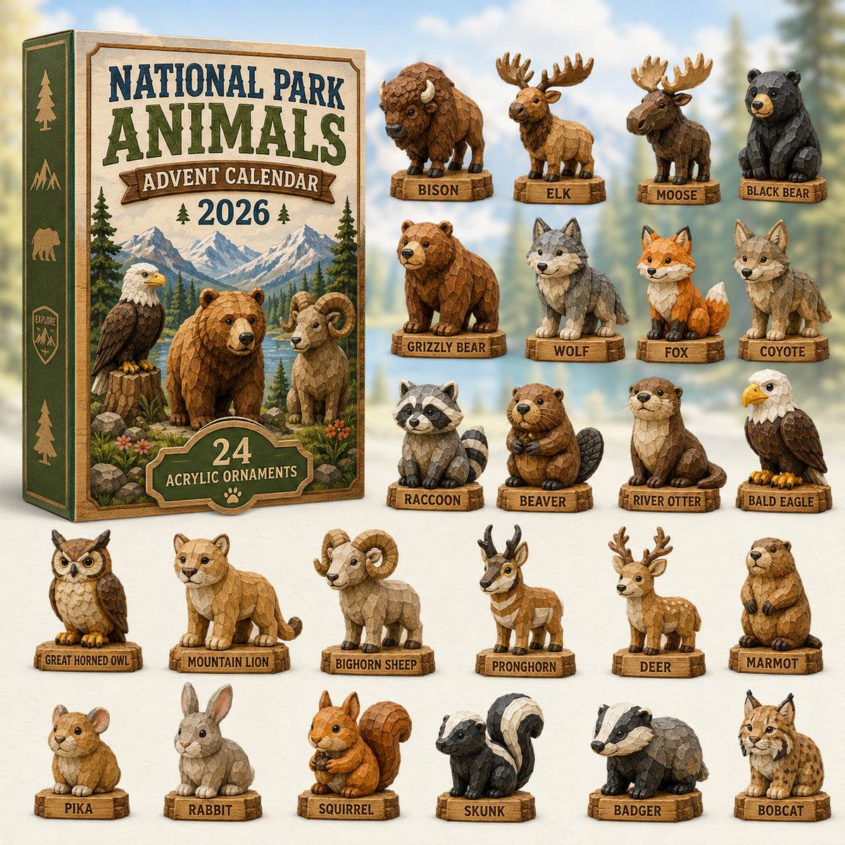 Nationalpark-Tiere Adventskalender 2026 - 24 Acryl-Tieranhänger