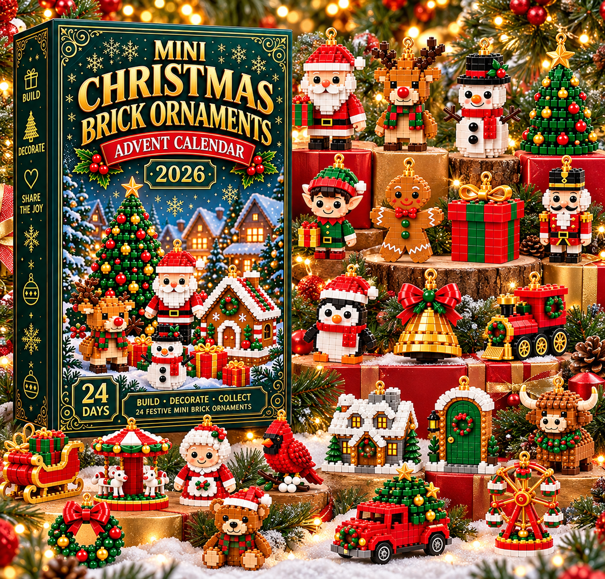 3D Adventskalender Mini Bausteine Weihnachtsdeko 2026 mit 24 Designs zum Bauen 3