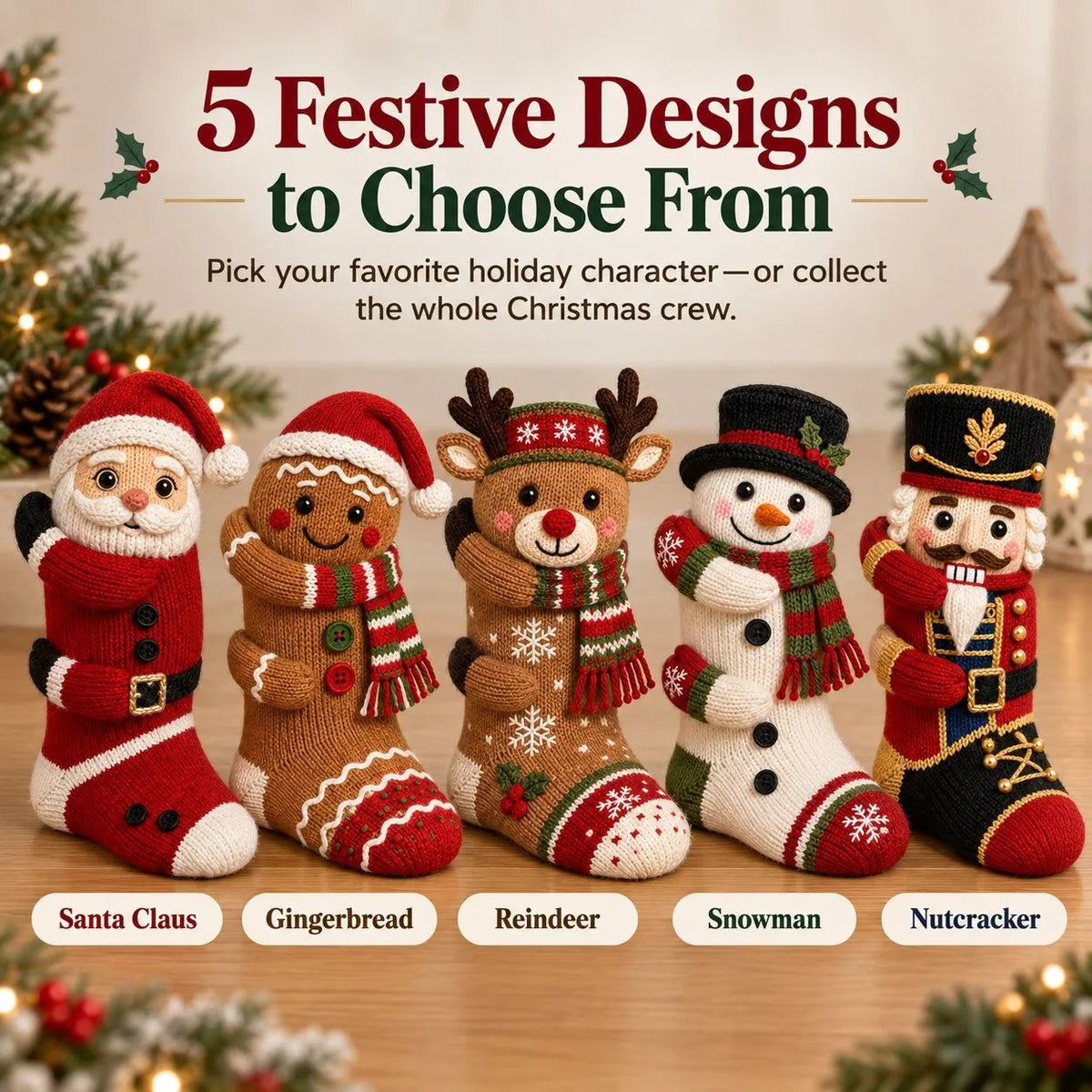 3D Umarmende Weihnachtsstrümpfe mit süßen Charakteren für festliche Freude. 3