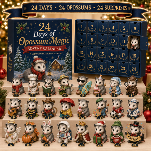 Adventskalender mit 24 Opossum-Sammelfiguren für Weihnachten