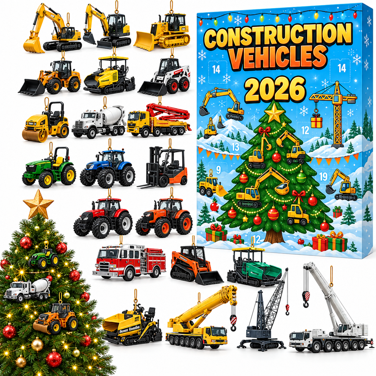 Adventskalender mit Baufahrzeugen für Weihnachten 2026