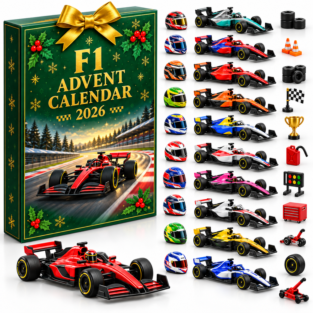 Adventskalender F1 2026 mit flachen Ornamenten