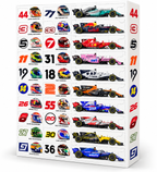 Adventskalender F1 2026 mit Miniaturautos und Helmen