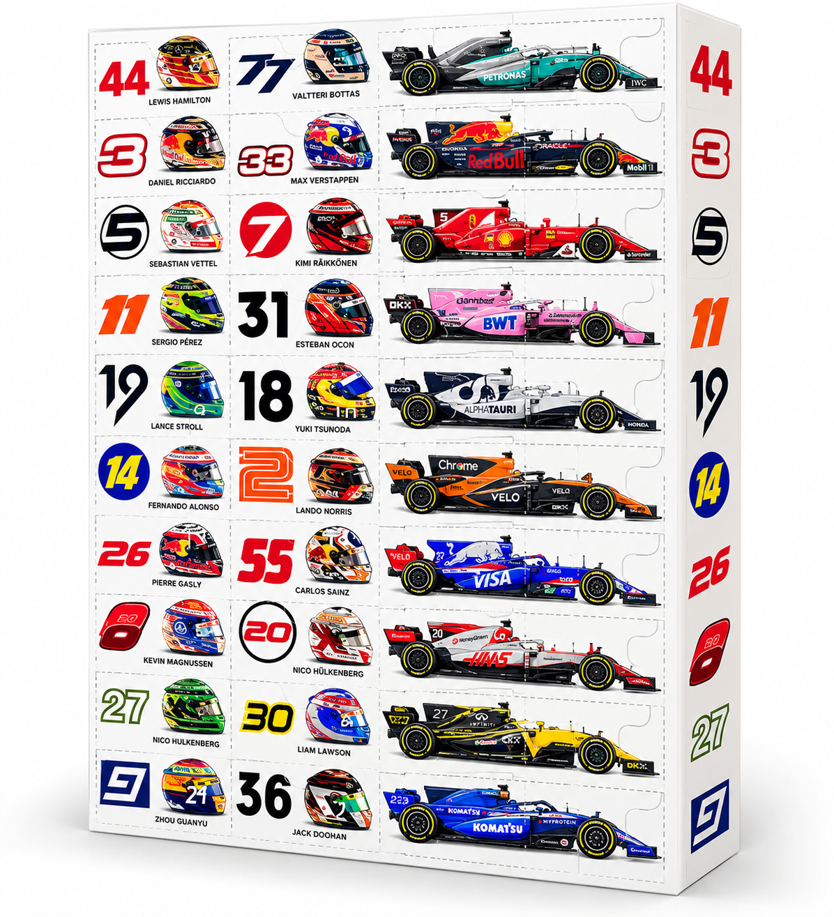 Adventskalender F1 2026 mit Miniaturautos und Helmen