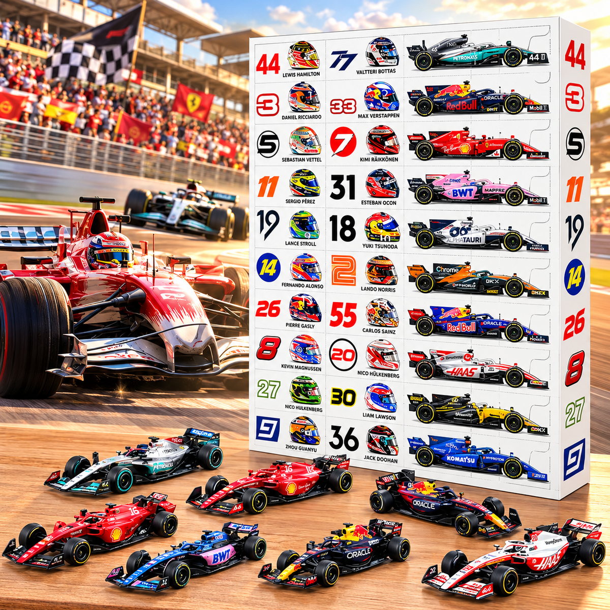 Adventskalender F1 2026 mit Miniaturautos und Helmen 2