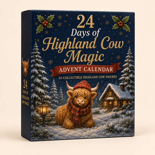Niedlicher Highland Cow Adventskalender mit 24 Überraschungen.