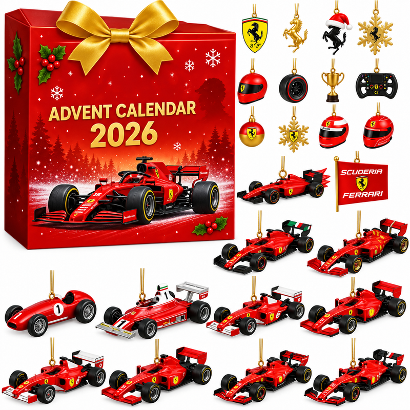 Adventskalender Scuderia Ferrari F1 2026 mit 24 flachen Ornamenten