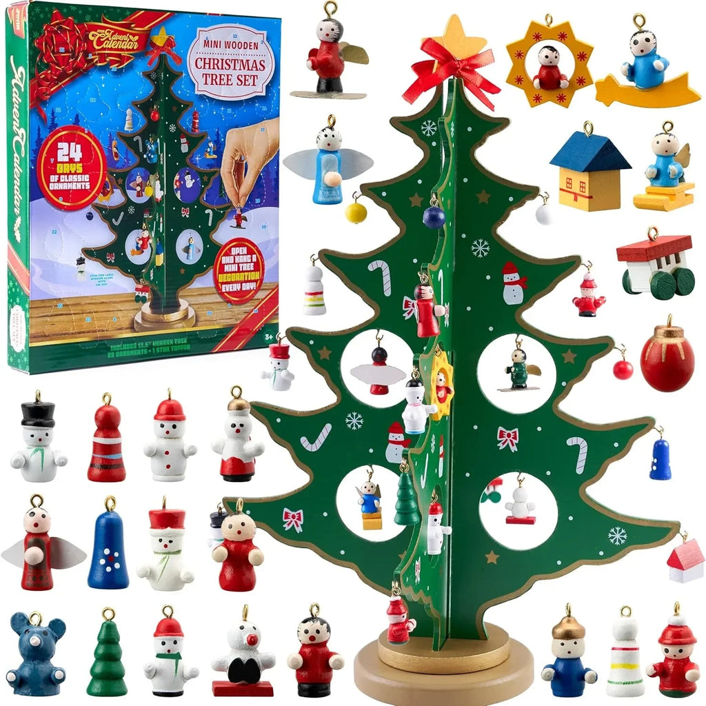Adventskalender mit Holz-Weihnachtsbaum und 28 Schmuckstücken, Schneemann und Weihnachtsmann Dekorationen