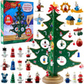 Adventskalender mit Holz-Weihnachtsbaum und 28 Schmuckstücken, Schneemann und Weihnachtsmann Dekorationen