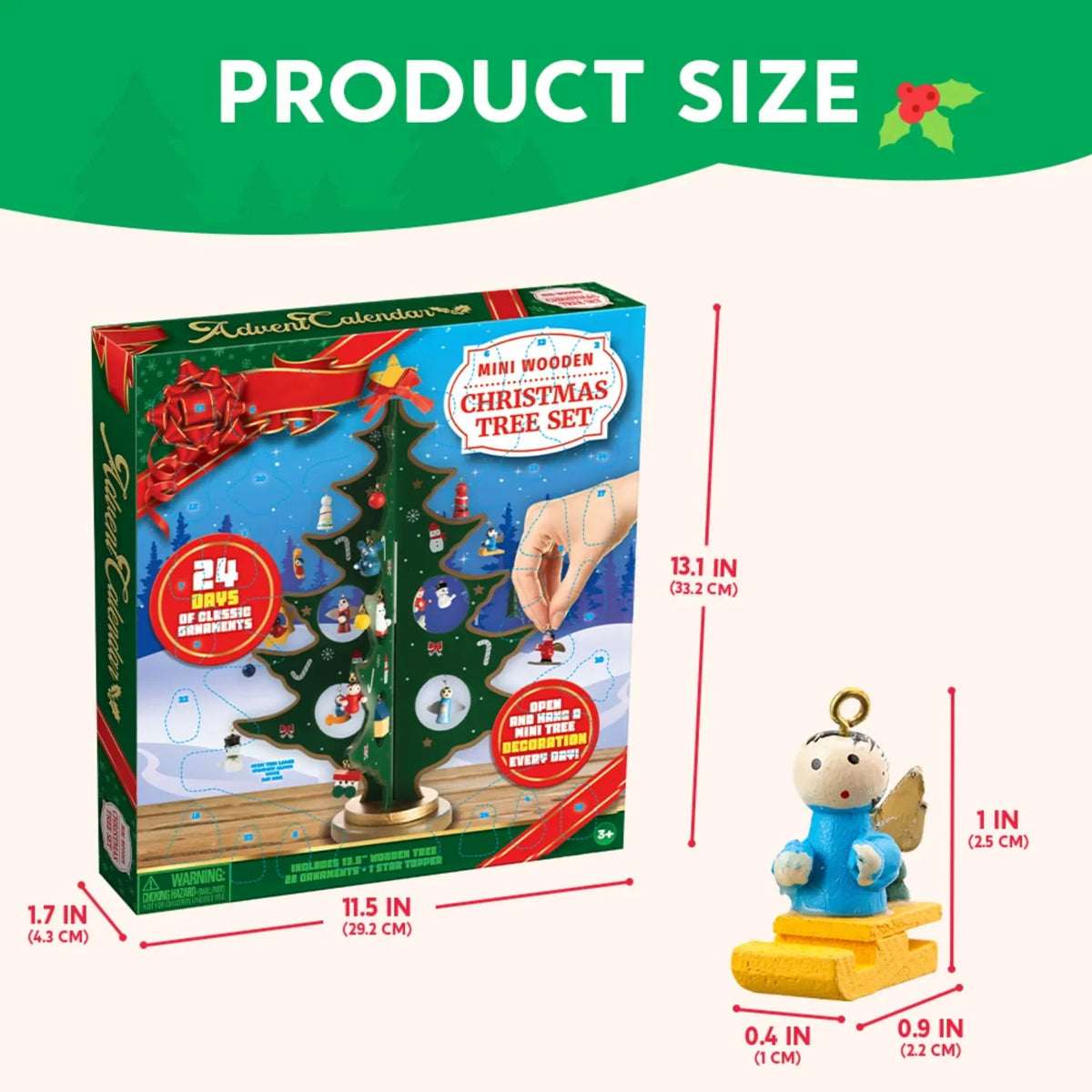Adventskalender mit Holz-Weihnachtsbaum und 28 Schmuckstücken, Schneemann und Weihnachtsmann Dekorationen 2