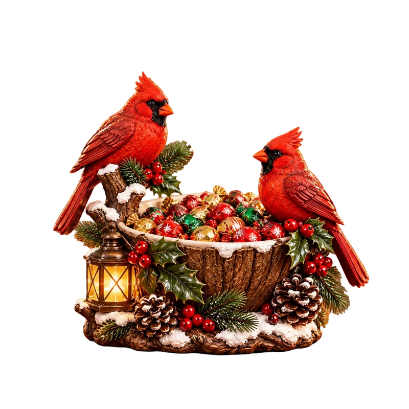Beleuchtete Weihnachts-Süßigkeitenkom mit Kardinalen für festliche Dekoration.