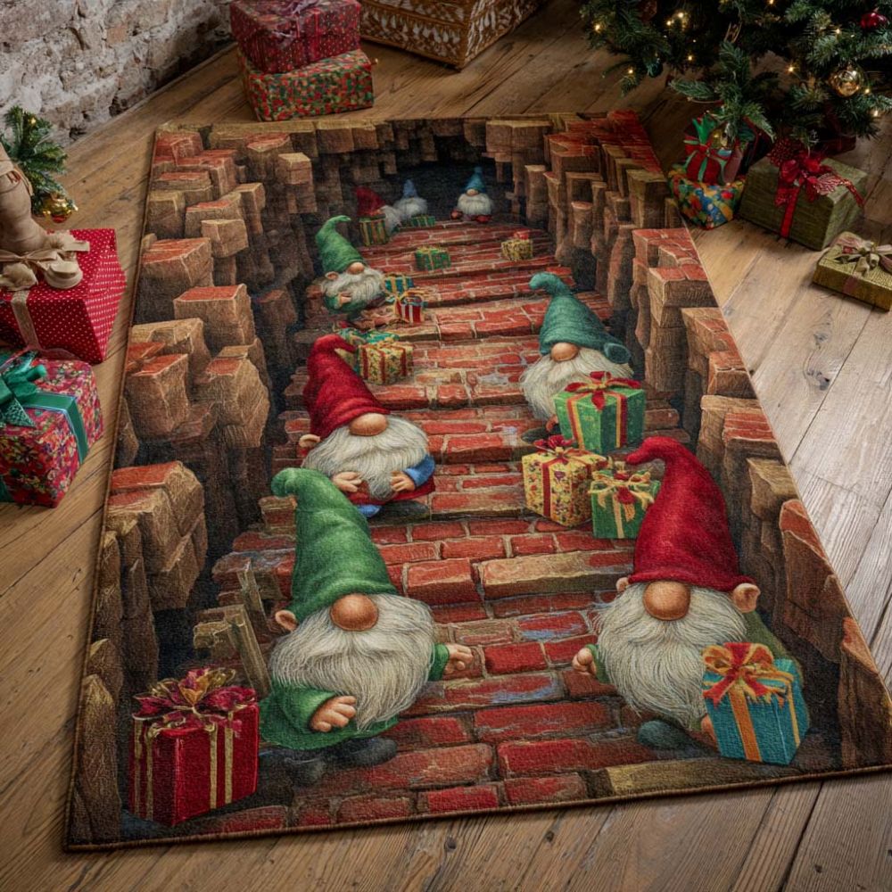 Tiefenwirkender 3D-Illusions-Teppich Weihnachtsportal mit Weihnachtswichteln und Geschenketunnel