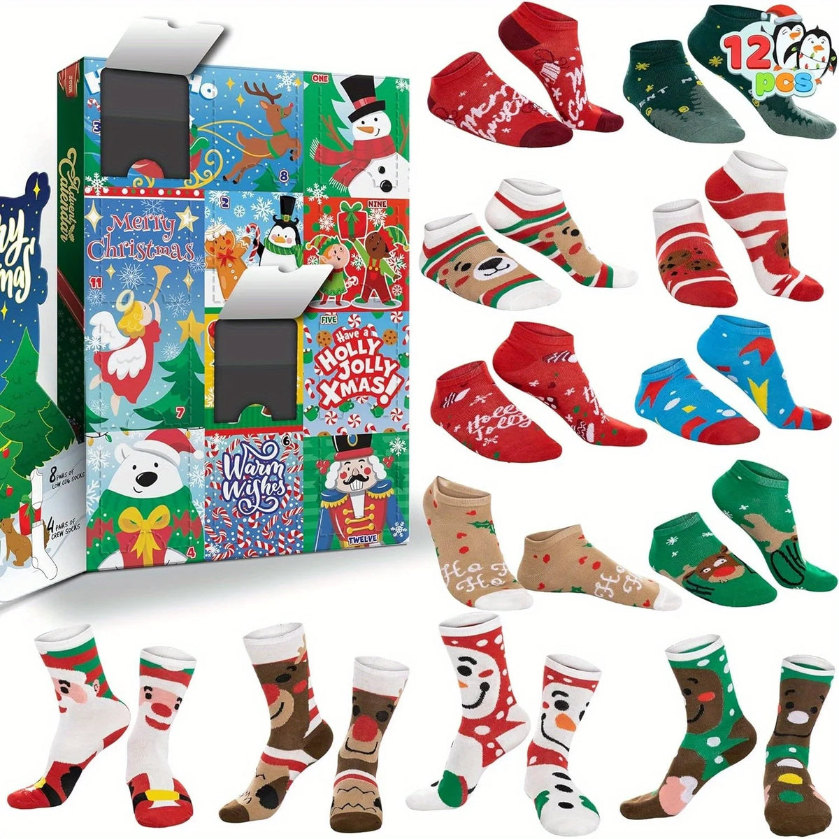 Festliche Adventskalender-Socken 12er Set Weihnachten Baumwolle Damen