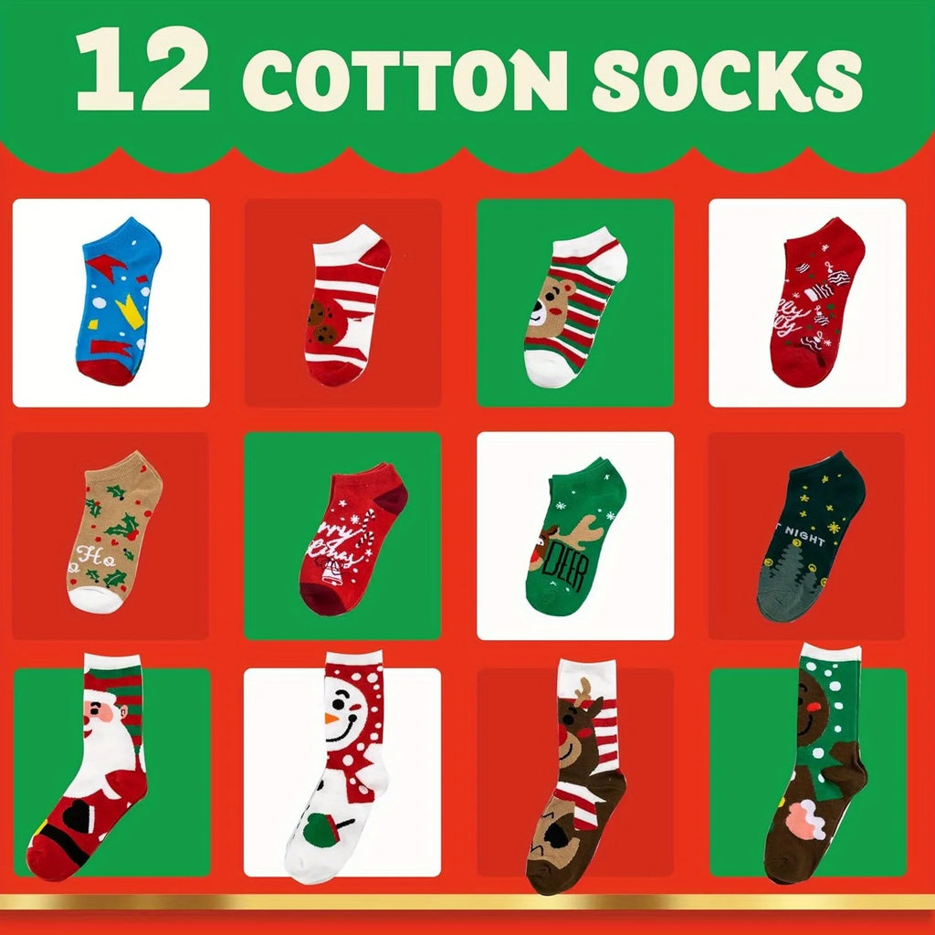 Festliche Adventskalender-Socken 12er Set Weihnachten Baumwolle Damen 4