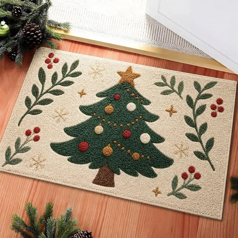 Festliche Weihnachts-Fußmatte mit grünem Weihnachtsbaum, Sternen und Zweigen für den Eingangsbereich