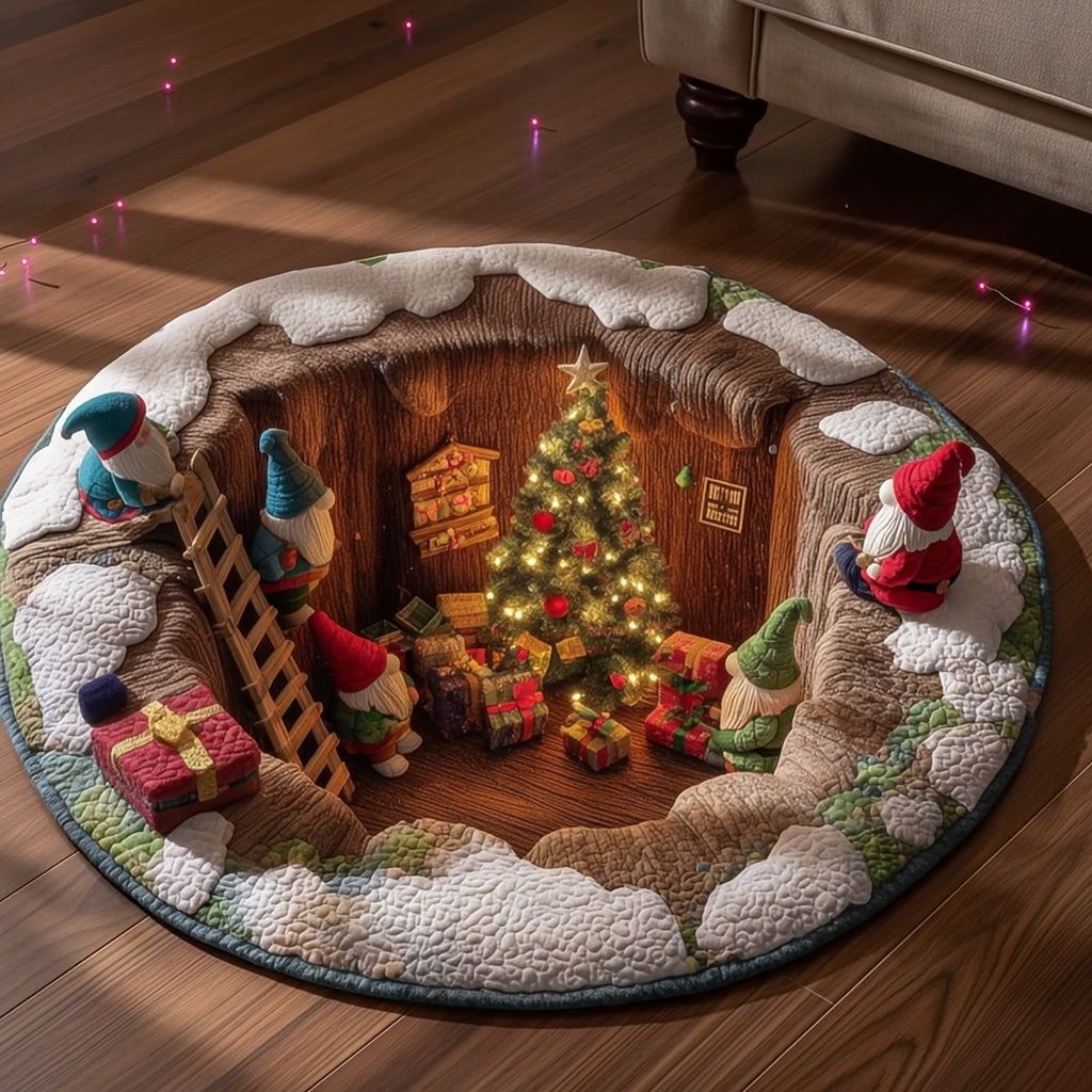 Festliche Weihnachts-Rundematte mit Zwergen und Geschenken in lebendigen Farben 3