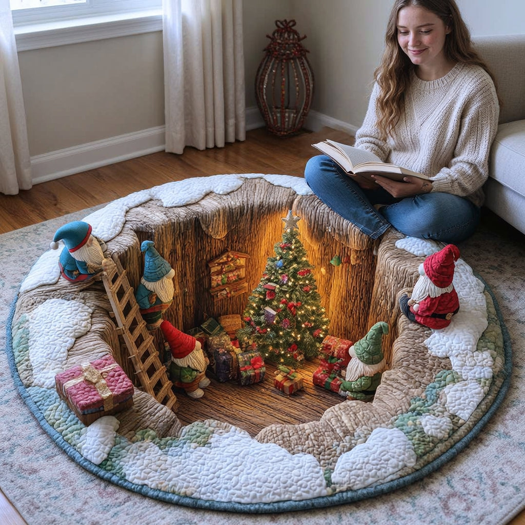 Festliche Weihnachts-Rundematte mit Zwergen und Geschenken in lebendigen Farben 5