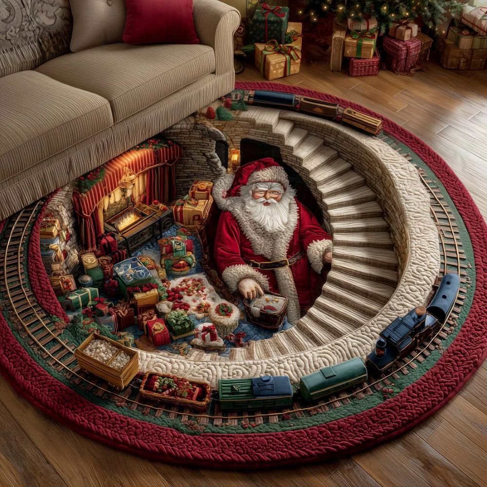 Festlicher gesteppter Weihnachts-Rundteppich mit aufwendigem Design in Kristallsamtvelours