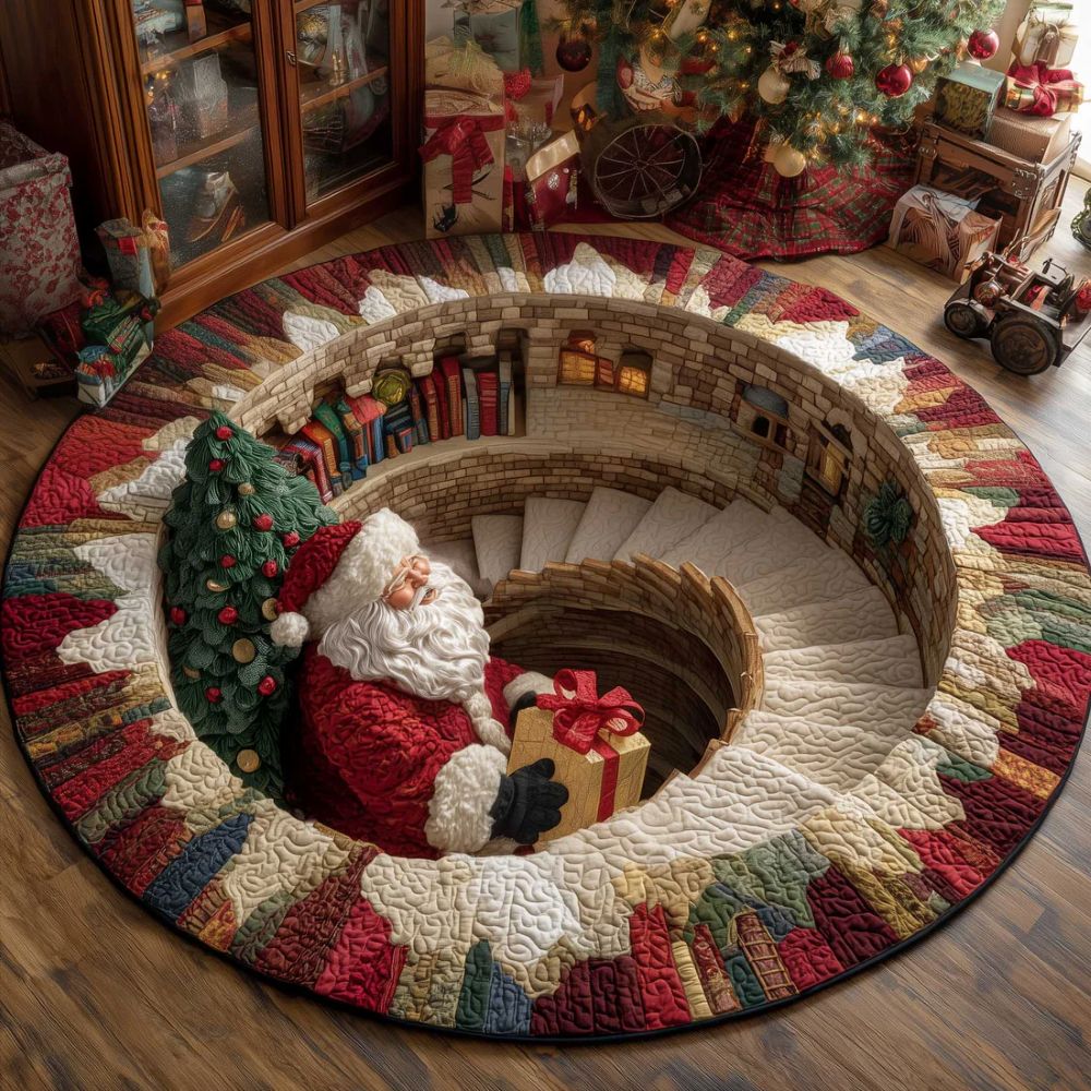 Festlicher gesteppter Weihnachts-Rundteppich in Kristallvelours mit lebendigen Farben und aufwendigem Design