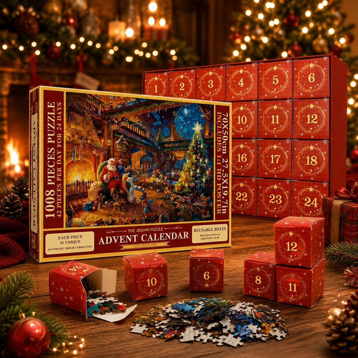 Festlicher Weihnachts-Puzzle-Adventskalender 2026 mit 1008 Teilen und 24 Adventsüberraschungen