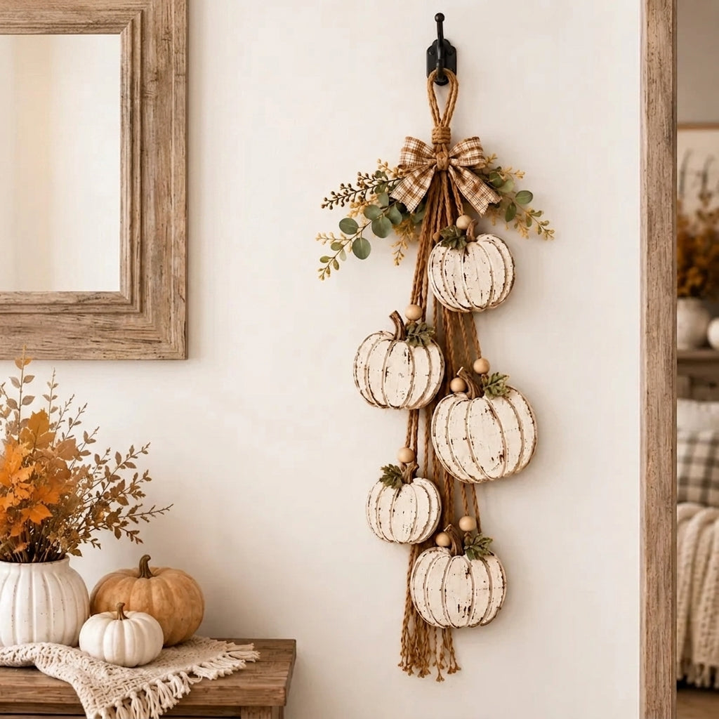 Elegante rustikale Dekoration mit 5 weißen Kürbissen für den Herbst. 2